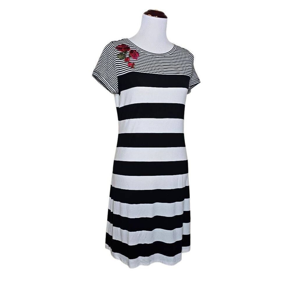 Calvin Klein Dress Medium Striped Floral Embroidered T-Shirt Dress Black White